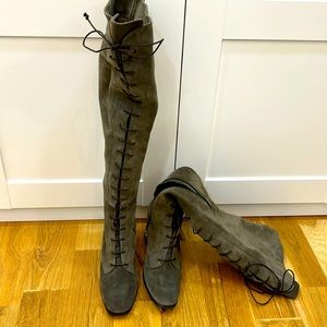ROBERTO FESTA Milano Lace Up Olive Green Suede Over the Knee Boots EU size 41